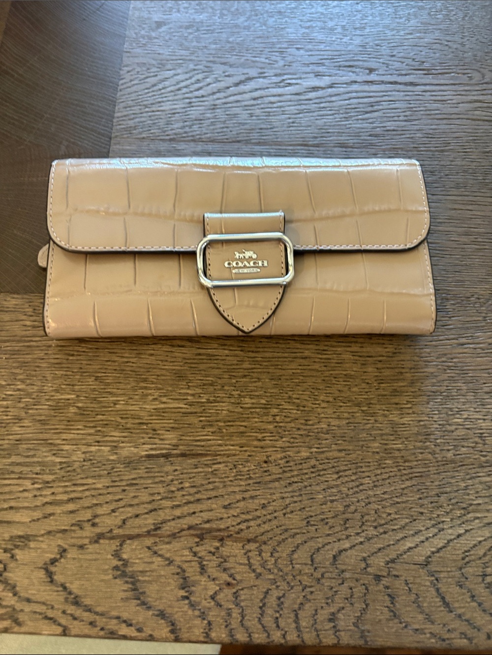 Coach Croc-Embossed Leather Wallet Clutch in Beige